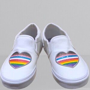 Women's Vans Asher Shoes Size 8 White Slip-on Glitter Heart Rainbow